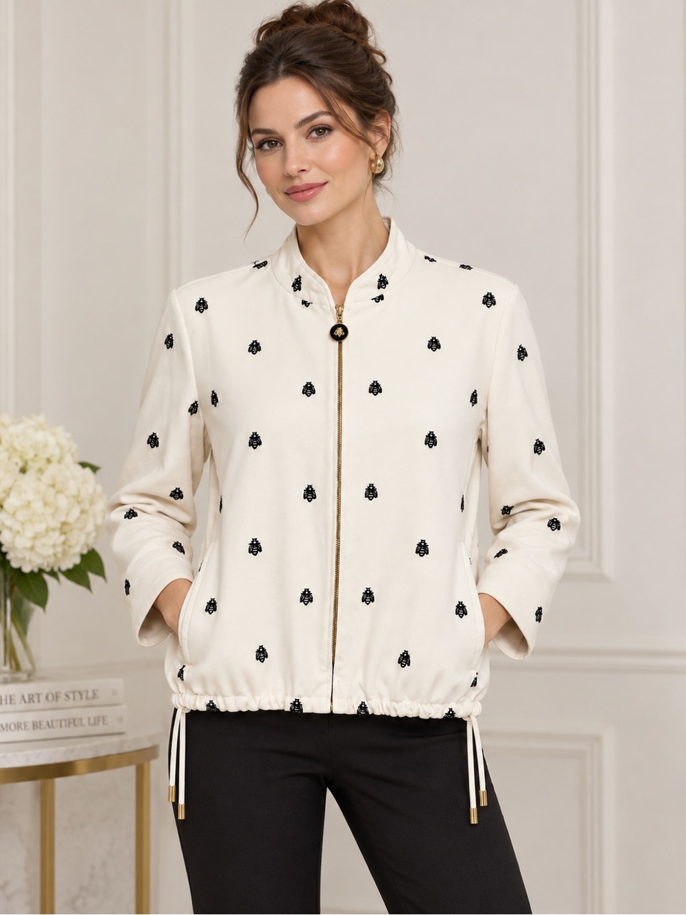 St. John Sport Marie Gray - Zip Jacket - Ivory - Bee Embroidered